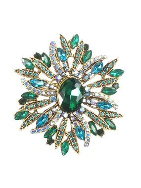 Teal Green Cluster Brooch Crystal Gold Tone